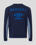 Back view of navy peacoat UNISEX travel crew sweatshirt with RANGERS lettering and Umbro logo.