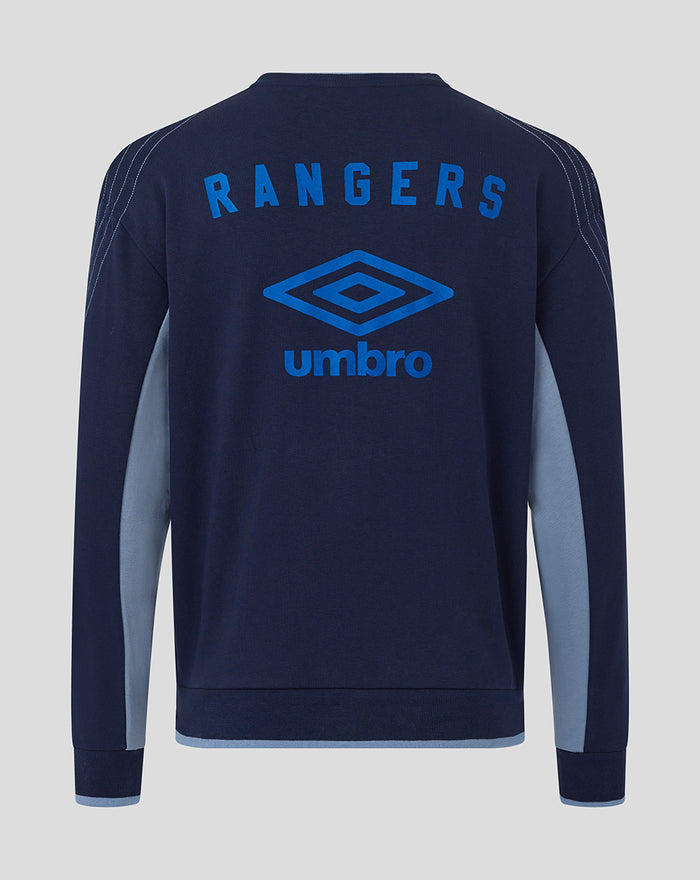 Back view of navy peacoat UNISEX travel crew sweatshirt with RANGERS lettering and Umbro logo.