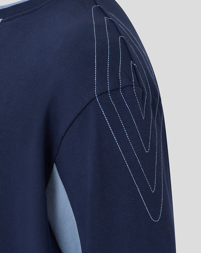 Rear view of navy UNISEX travel crew sweatshirt showing RANGERS lettering and Umbro emblem on the back.