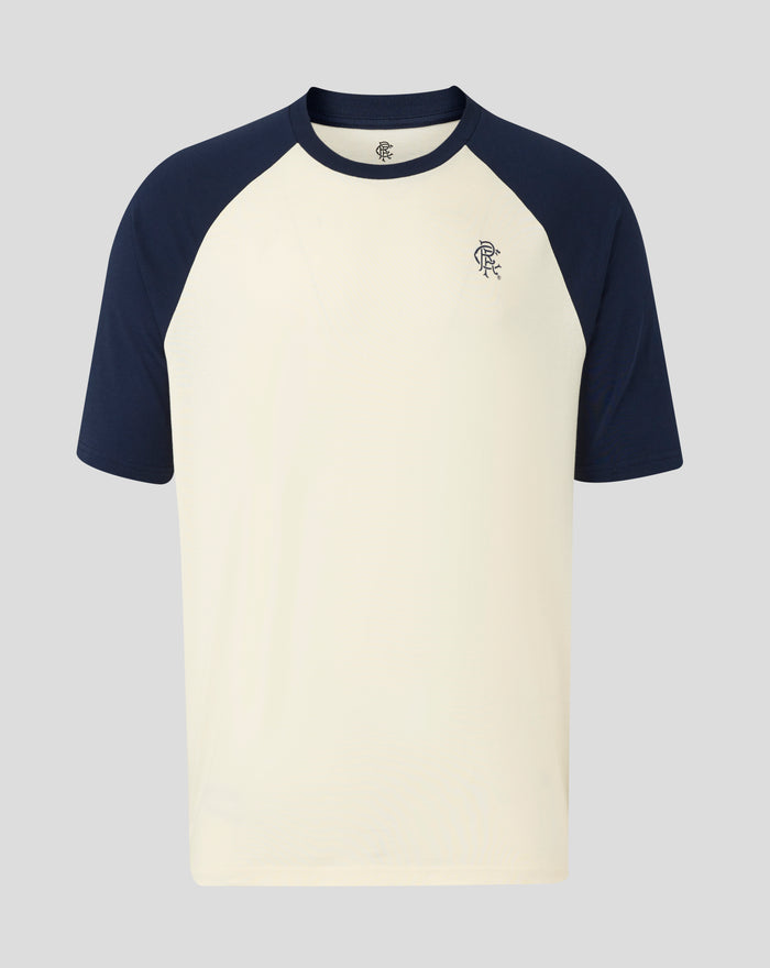 Rangers raglan short sleeve T shirt with cream body navy sleeves and a small crest on the left chest