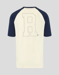 Back view of Rangers raglan T shirt with large outlined number graphic across the cream back and navy sleeves.
