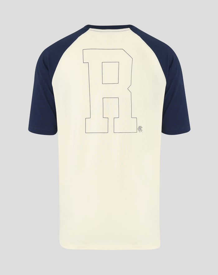 Back view of Rangers raglan T shirt with large outlined number graphic across the cream back and navy sleeves.