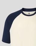 Shoulder and sleeve detail of Rangers raglan tee showing navy sleeve and cream body with visible seam.