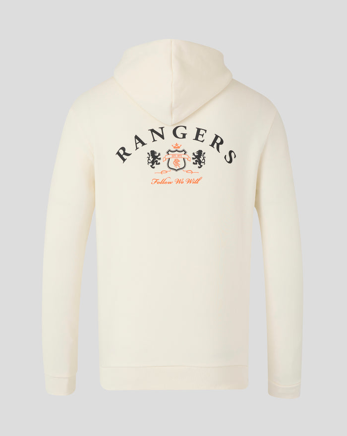 Cream unisex Rangers hoodie shown from the back with a large black crest across the upper back under the hood