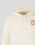 Close up of a cream Rangers hoodie hood with drawstrings and an interior label near the neck