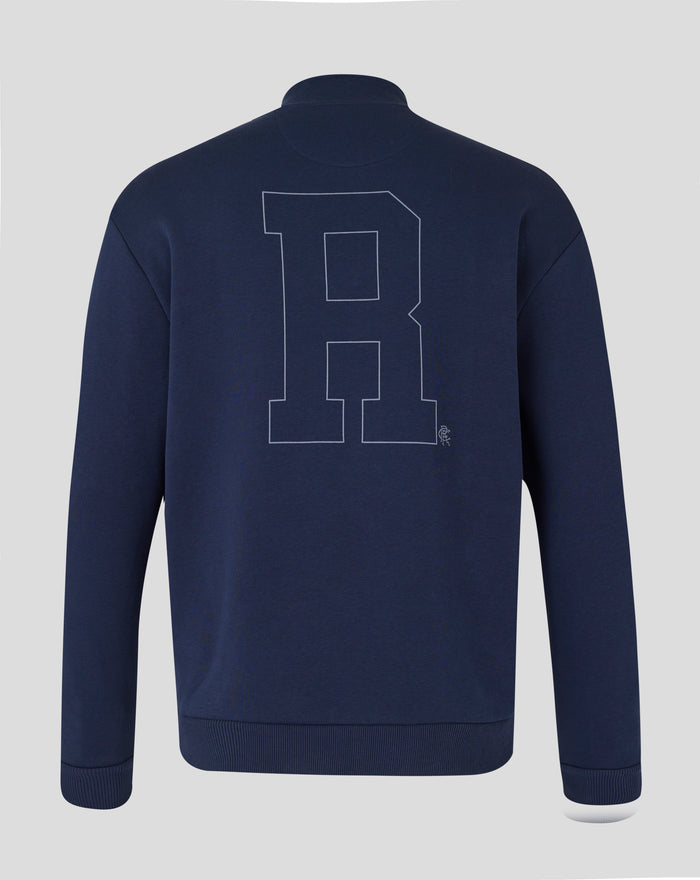 Back view of a navy Rangers contemporary quarter zip sweatshirt with a large light outlined graphic on the back