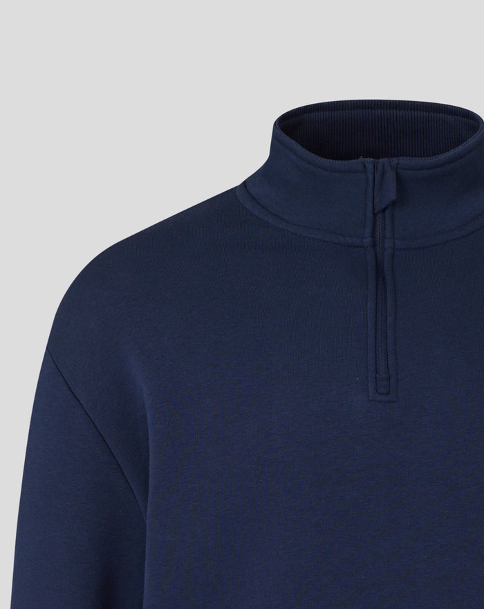 Close up of the navy Rangers top showing the back neck zip detail on the collar