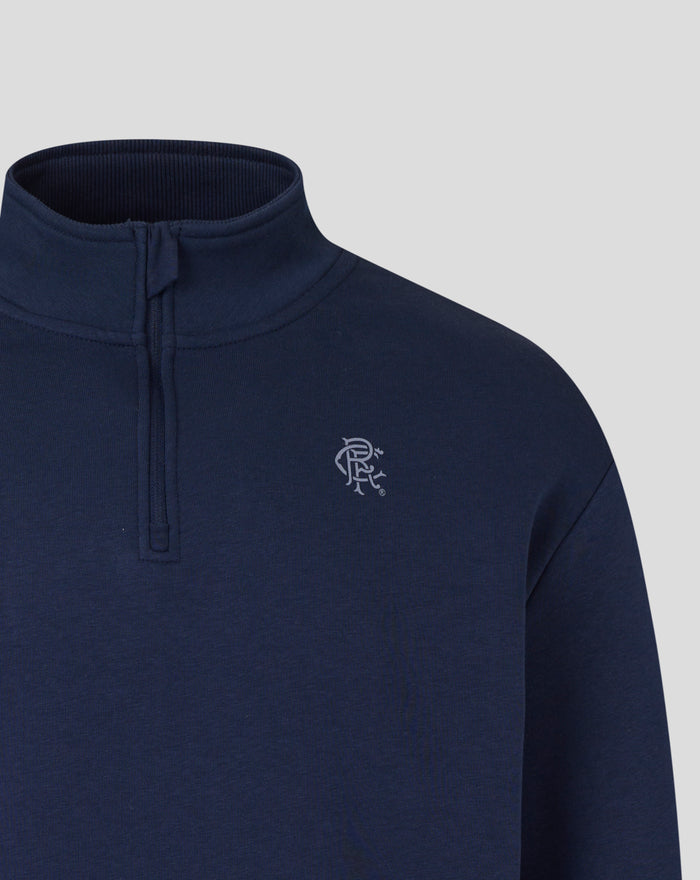Close up of navy Rangers contemporary quarter zip showing high collar and left chest crest