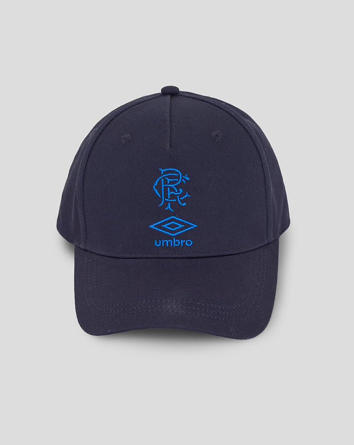Peacoat navy Rangers travel cap with blue embroidered Rangers crest and Umbro logo on the front panel.