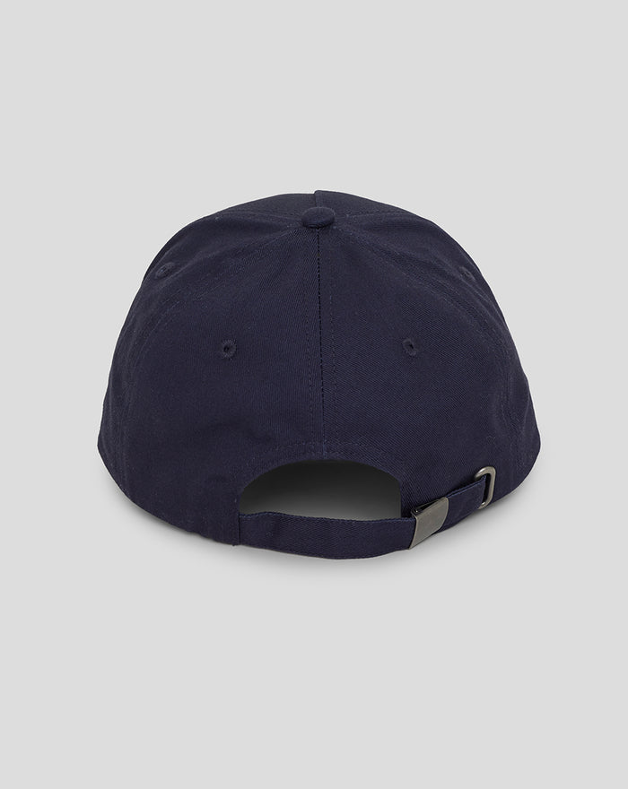 Back view of navy Rangers Umbro travel cap with adjustable strap and metal clasp, 5-panel construction