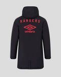 Back view of the black travel jacket with hood, large red Rangers text and Umbro logo across the upper back.