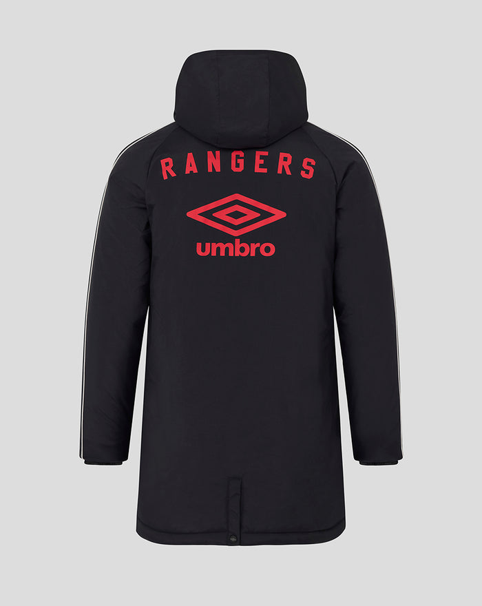 Back view of the black travel jacket with hood, large red Rangers text and Umbro logo across the upper back.