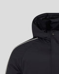 Shoulder and hood area of black travel jacket with white piping along the shoulder seam.