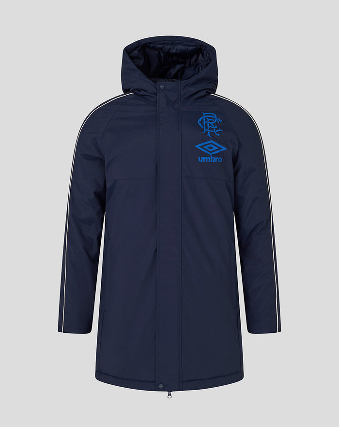 Navy blue unisex travel bench jacket with hood, white piping along sleeves and front zipper