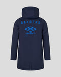 Back view of navy unisex travel bench jacket with blue Rangers and Umbro logos