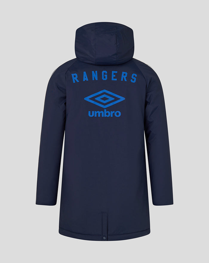 Back view of navy unisex travel bench jacket with blue Rangers and Umbro logos