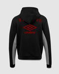 Back view of black unisex travel hoodie with red Umbro logo and club crest on the upper back