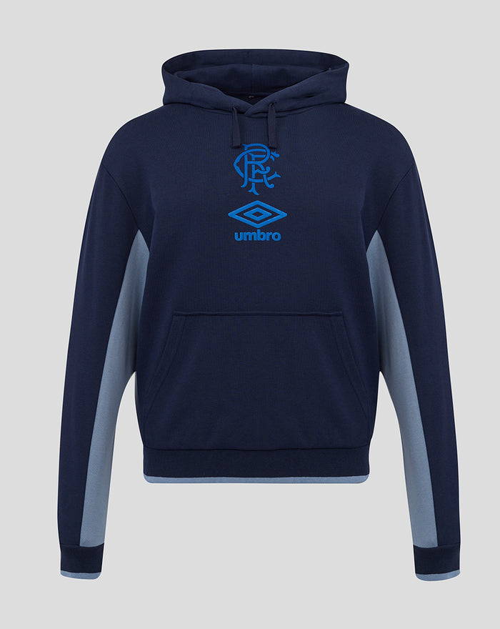 Front view of navy unisex travel hoodie with three panel hood, drawstrings, front pocket and blue logo on chest.