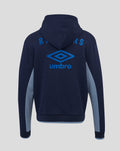 Back view of navy travel hoodie with large blue Umbro logo and club crest across the upper back.