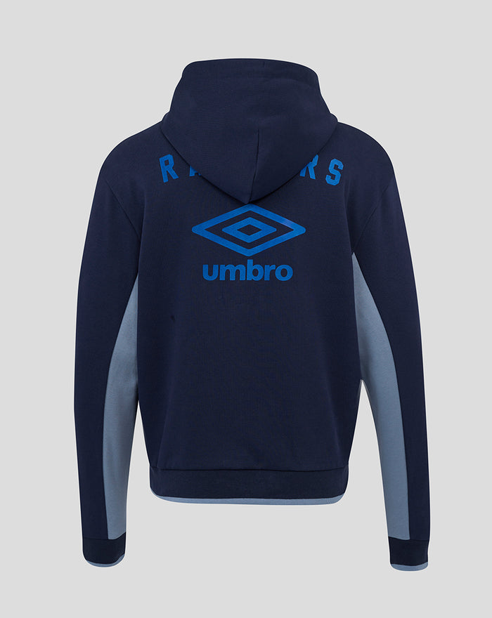 Back view of navy travel hoodie with large blue Umbro logo and club crest across the upper back.