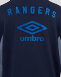 Back view of navy Rangers hoodie with curved RANGERS lettering above a large blue Umbro diamond logo