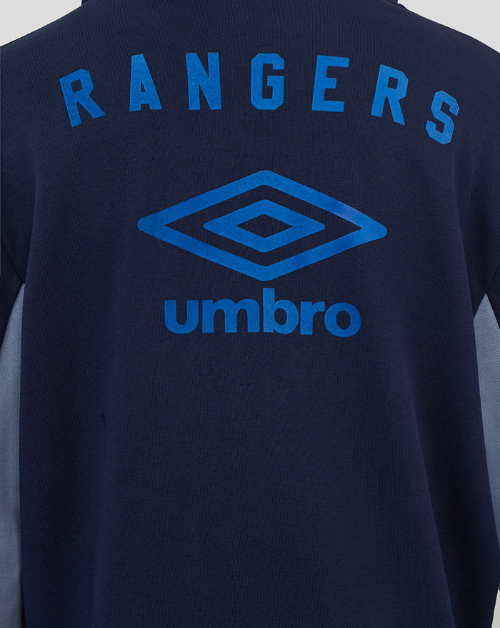 Back view of navy Rangers hoodie with curved RANGERS lettering above a large blue Umbro diamond logo