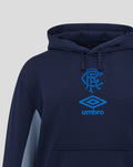 Navy travel hoodie front view with blue crest and Umbro logo