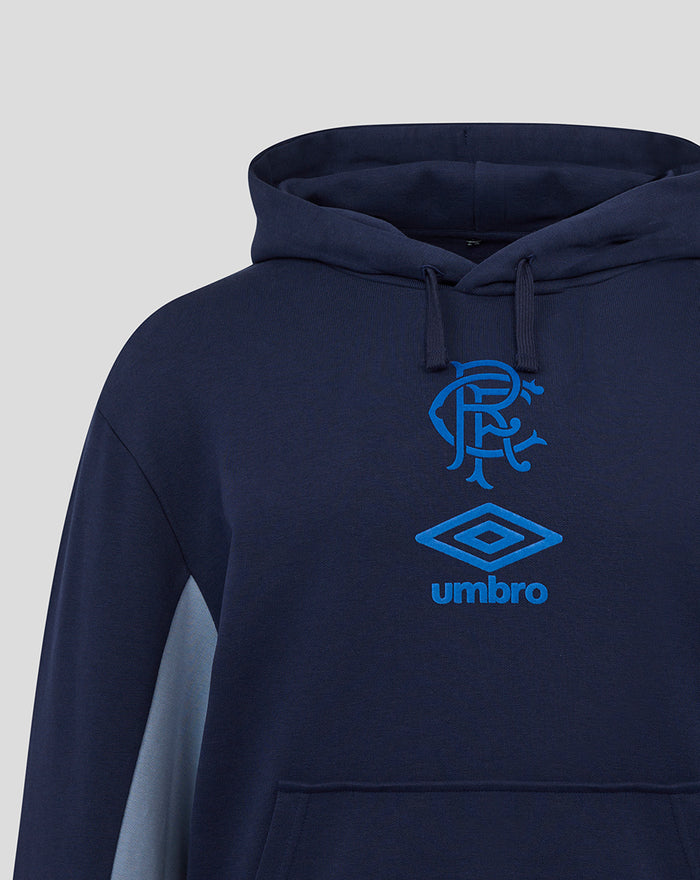 Navy travel hoodie front view with blue crest and Umbro logo