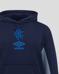 Navy travel hoodie close up on chest with blue club crest and Umbro logo