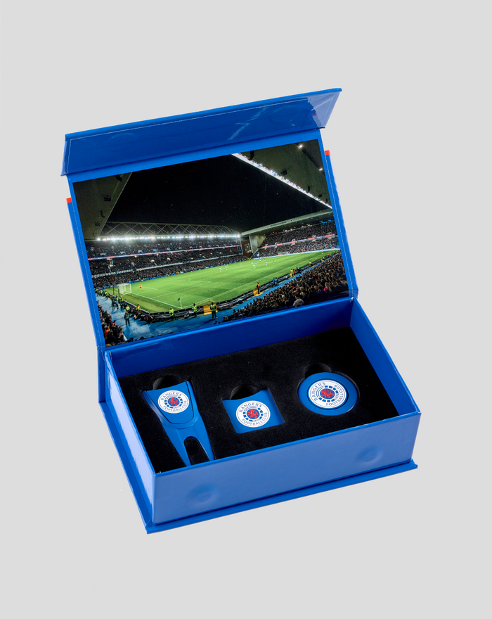 Opened Rangers IBOX 2.0 PLUS showing stadium image backdrop and three emblem markers in foam tray