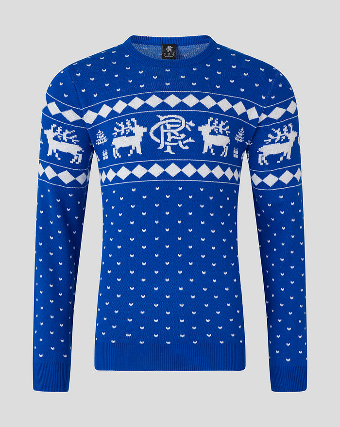 Front view of blue junior Christmas jumper featuring white reindeer and diamond pattern across chest