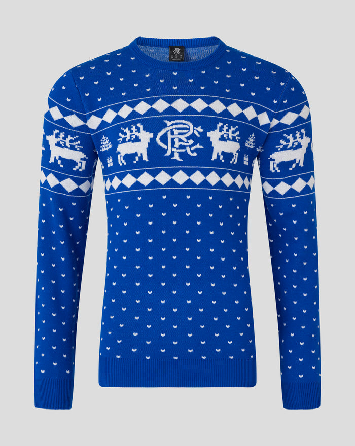 Blue Christmas jumper with white reindeer and diamond pattern across chest.
