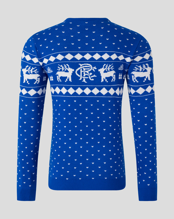 Back view of blue knit Christmas jumper showing white reindeer and diamond pattern.