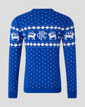 Back view of a blue knitted Christmas jumper with white reindeer and diamond pattern across the upper back.