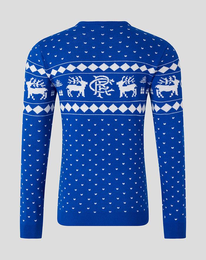 Back view of a blue knitted Christmas jumper with white reindeer and diamond pattern across the upper back.