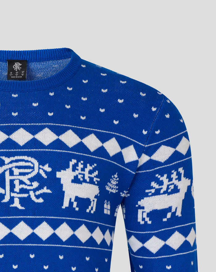 Close up of blue knit Christmas jumper neckline with white pattern and inside label reading Made in China