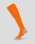 Bright orange Rangers Fourth Sock worn on a leg with a gray heel and toe and a white crest near the shin