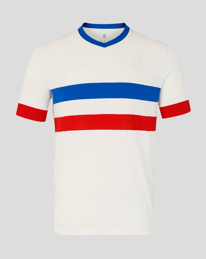 Front view of white unisex remastered short sleeve shirt with blue chest stripe red sleeve cuffs and embossed crest