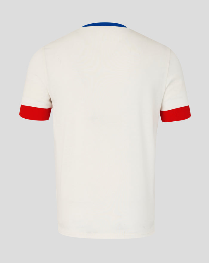 Back view of white remastered short sleeve shirt with blue ribbed collar