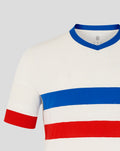 Close up of white shirt showing blue midsection stripe and red band near the hem
