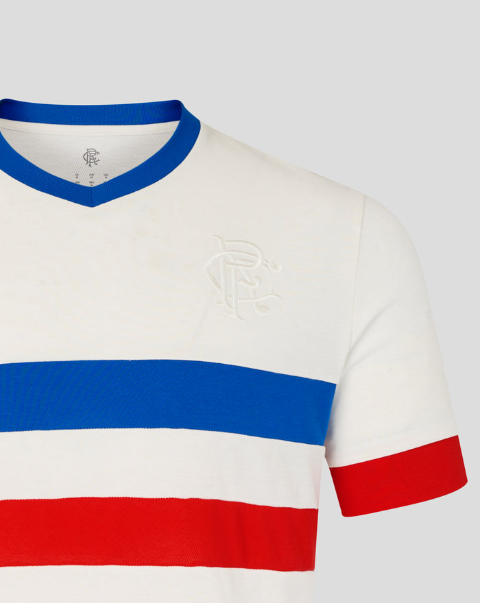 Close up of a white unisex remastered classic short sleeve shirt with a blue ribbed V neck collar and a white Rangers crest embroidery.