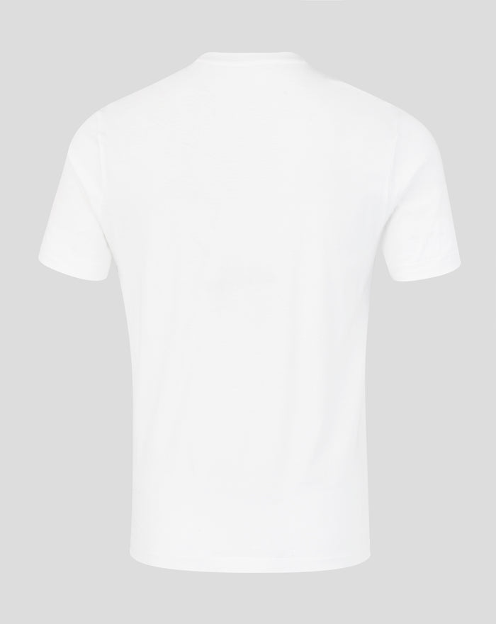 Back view of white Varsity Stadium Gate Tee showing plain fabric with no visible print.