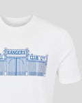 White tee featuring a blue Rangers FC stadium gate print across the chest