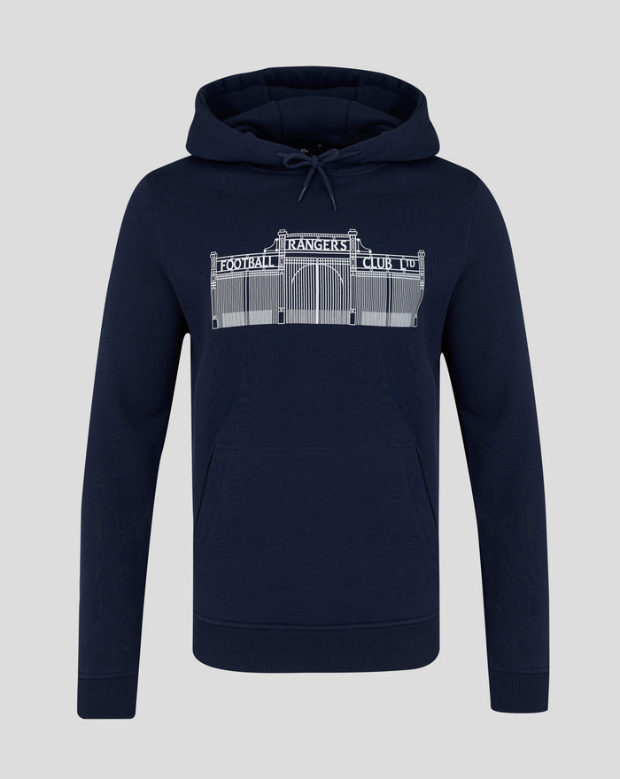 Front view of navy hoodie with white line drawing of a grand stadium gate labeled Rangers Football Club Ltd