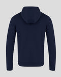 Back view of navy hoodie with hood up and no visible print