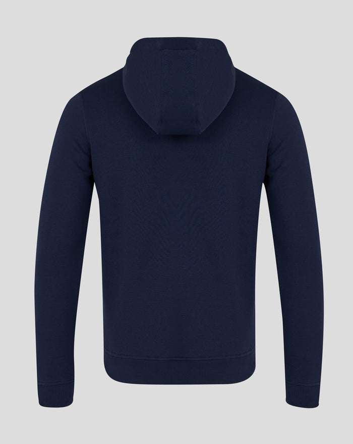 Back view of navy hoodie with hood up and no visible print