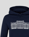 Close up of navy hoodie chest graphic depicting a white gate design with Rangers text