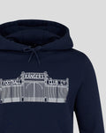 Navy hoodie with drawstrings and a white stadium gate graphic across the chest