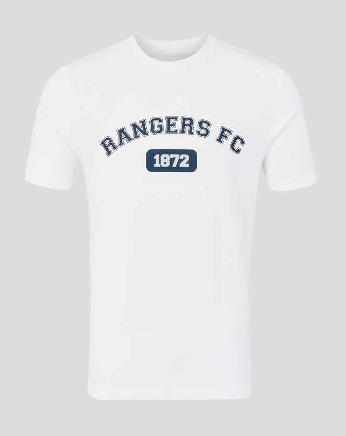 White tee with a blue curved Rangers FC 1872 logo on the front
