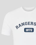 Front view of white unisex 25/26 Varsity Club Tee with Rangers FC curved lettering and 1872 badge